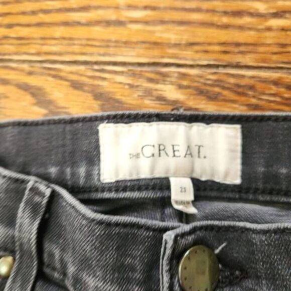 THE GREAT The Nerd Raw Hem Jeans In Black Kick Flare High Rise Straight sz 25 - Picture 3 of 5